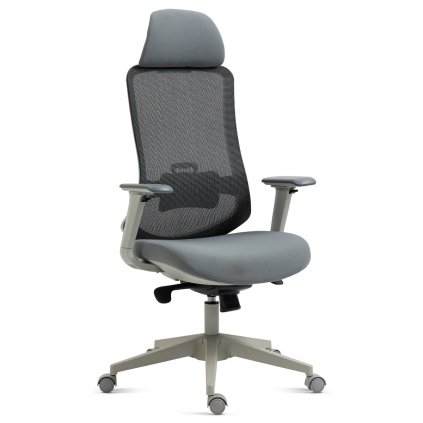Kancelářská židle, šedý plast, šedá průžná látka a mesh, 4D područky, multifunkční mech.
