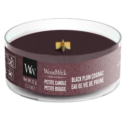 WoodWick - vonná svíčka Petite, Black Plum Cognac (Koňak z černých švestek) 31g