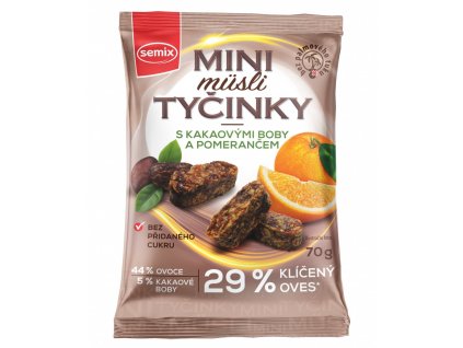 MINI MÜSLI TYČINKY S KAKAOVÝMI BÔBMI A POMARANČOM BEZ LEPKU 70 G, SEMIX