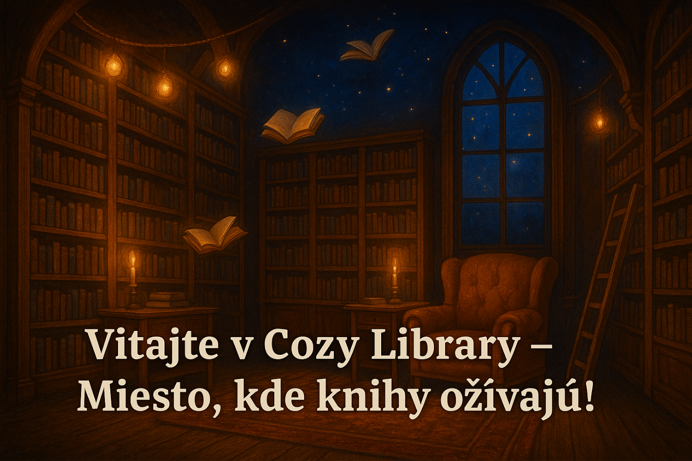 Obrázok zobrazuje útulnú, slabo osvetlenú knižnicu v nočných hodinách. Hlavným prvkom je veľká miestnosť plná drevených políc s knihami, ktoré siahajú vysoko až k stropu. Na viacerých miestach sú rozmiestnené sviečky a visiace žiarovky, ktoré vrhajú teplé