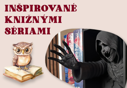 V ľavej hornej časti, na svetloružovom pozadí, je text napísaný veľkými, tmavočervenými písmenami: "INŠPIROVANÉ KNIŽNÝMI SÉRIAMI".  V ľavej dolnej časti obrázka, tiež na svetloružovom pozadí, je roztomilá kreslená sova s veľkými očami a okuliarmi, ktorá s