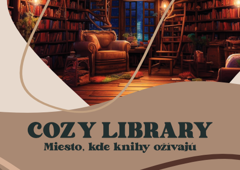 Ilustrovaný banner s útulnou knižnicou, v ktorej sa nachádza pohodlné kreslo obklopené policami plnými kníh. Text „COZY LIBRARY – Miesto, kde knihy ožívajú“ zvýrazňuje atmosféru čitateľského zážitku.