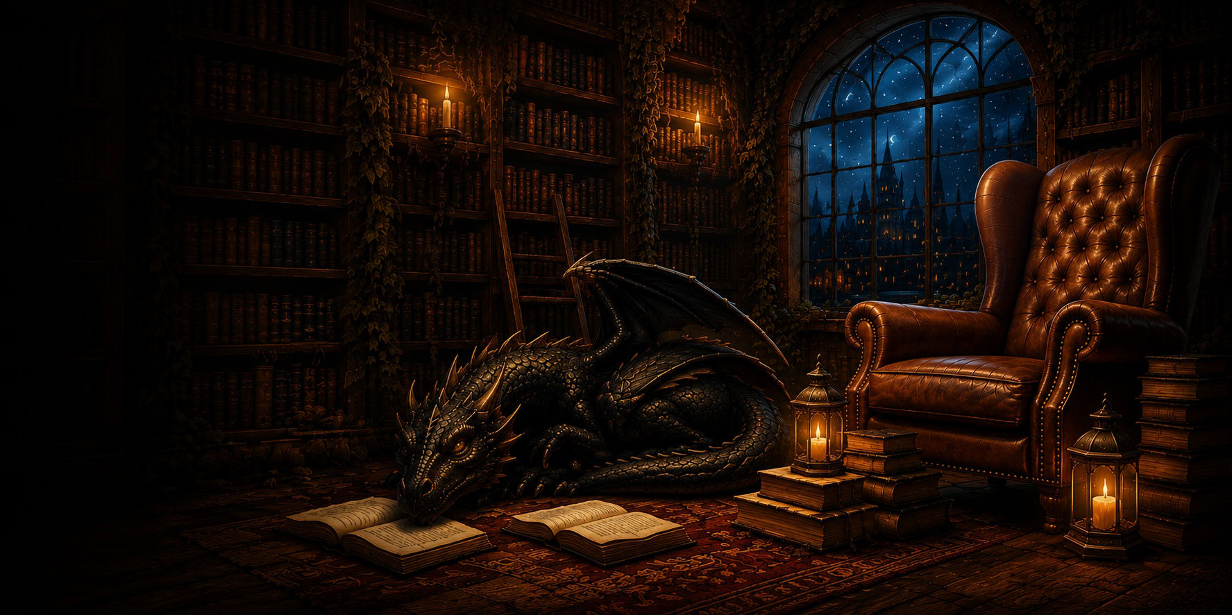Fantasy knižnica s drakom – Cozy Library book nook dekorácie