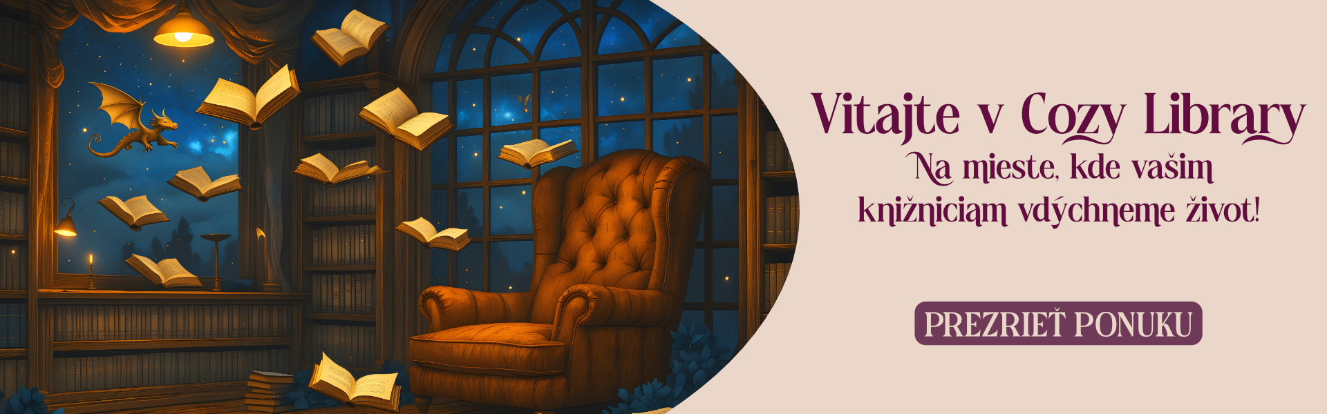 Obrázok zobrazuje útulnú, slabo osvetlenú knižnicu v nočných hodinách. Hlavným prvkom je veľká miestnosť plná drevených políc s knihami, ktoré siahajú vysoko až k stropu. Na viacerých miestach sú rozmiestnené sviečky a visiace žiarovky, ktoré vrhajú teplé