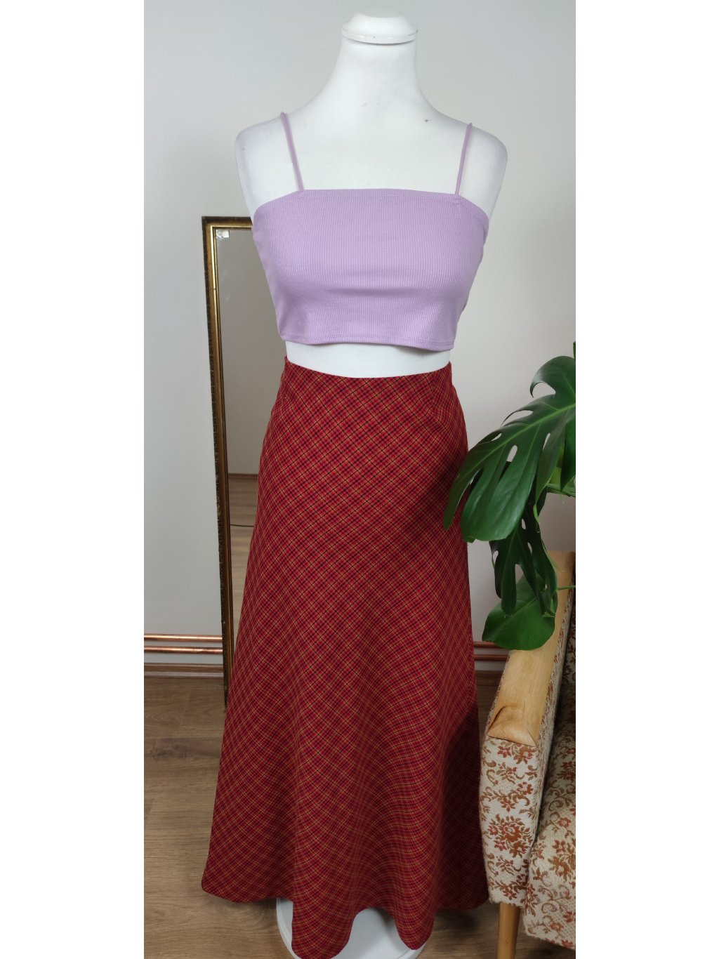 vintage kostkovaná červená y2k maxi sukně