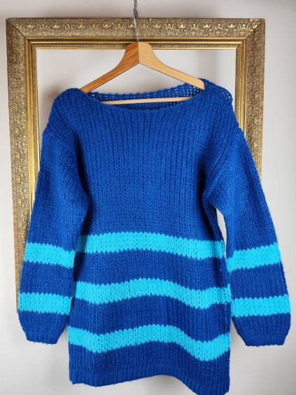 modrý handmade vintage svetr s pruhy