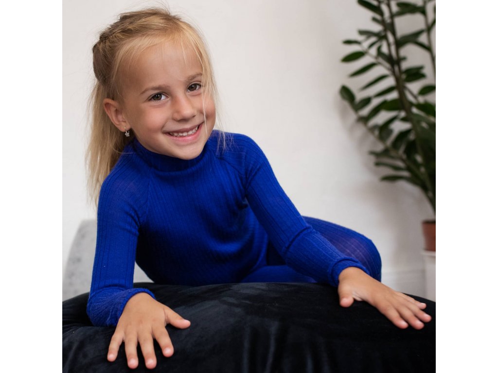 Merino žebro tričko dlouhý rukáv stojáček dětské Modrá (Velikost 122-128/134)