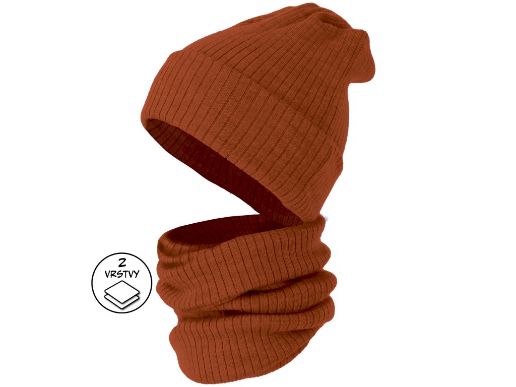 Merino žebro set čepice a nákrčník dámský Zrzavá