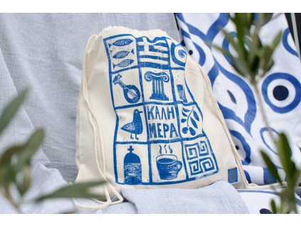 plátěný batůžek stahovací ruční potisk linoryt řecko řecké piktogramy crazy about greece in prague 1