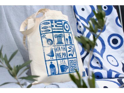 plátěná taška s uchy ruční potisk kalimera řecko řecké obrázky crazy about greece in prague 1