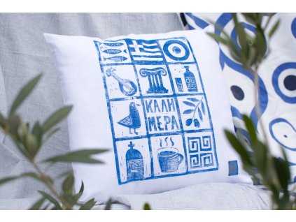 Potah na polštář ve středomořském řeckém stylu kalimera racek bouzouki ouzo meandr rybičky řecká vlajka crazy about greece in prague 1