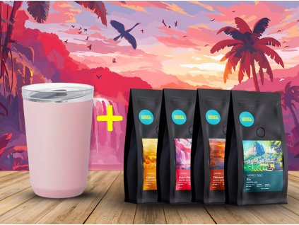 Termohrnek Kinto To Go Tumbler růžový 360 ml a degustační sada 1.