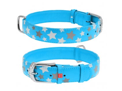 Plochý kožený obojek s hvězdičkami modrý svítící