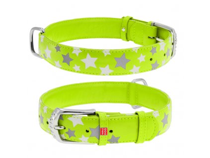 Plochý kožený obojek s hvězdičkami zelený svítící