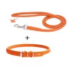 výhodný kožený obojok a vodítko pre psa oranžový set