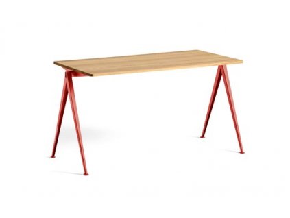 AB745 A293 AI49 Pyramid Table 01 L140xW65xH74 clear lacquered oak top tomato red frame