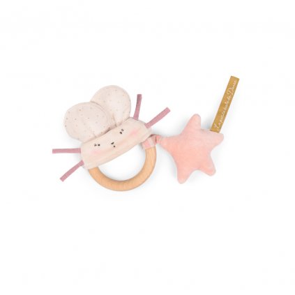 MOULIN ROTY Chrastítko s dřevěným kroužkem Pink mouse