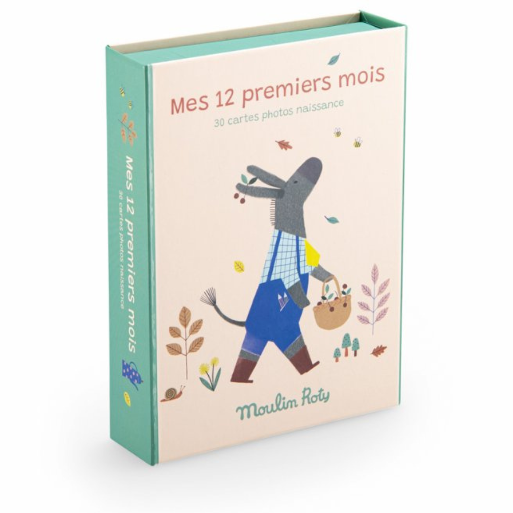 Moulin Roty milníkové kartičky 12 měsíců s motivem oslíka