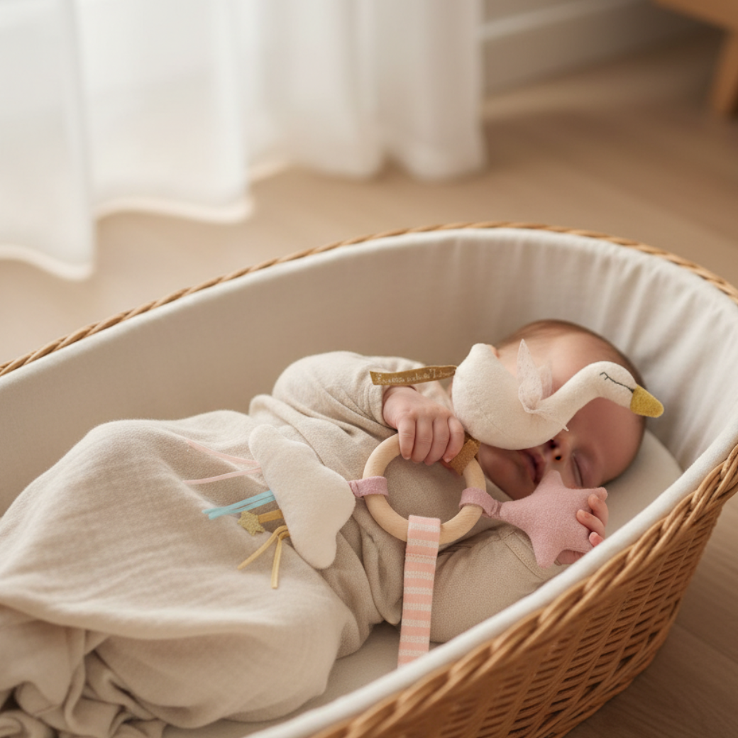 Chrastítko s dřevěným kroužkem Swan od Moulin Roty