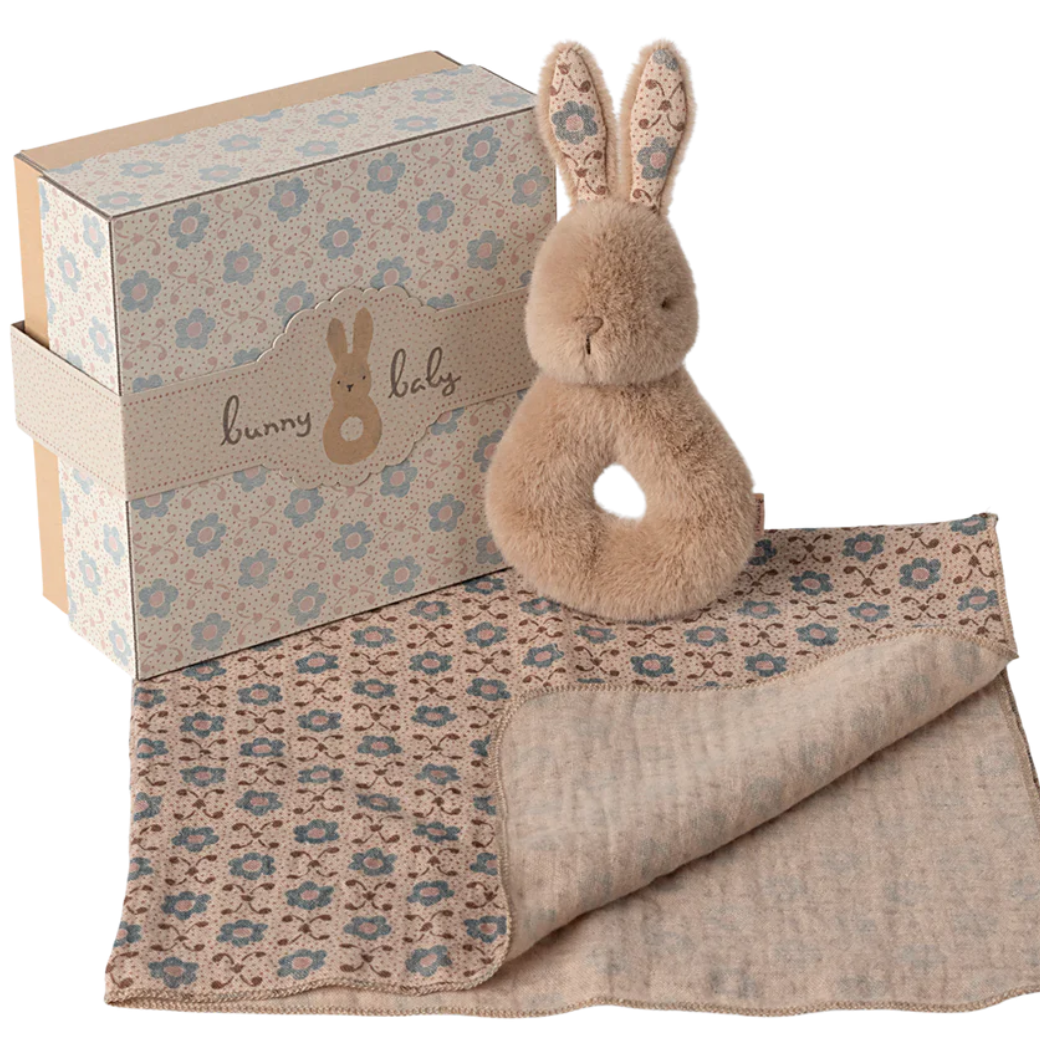 MAILEG Dárkový set chrastítko králíček a muchláček - Cream peach