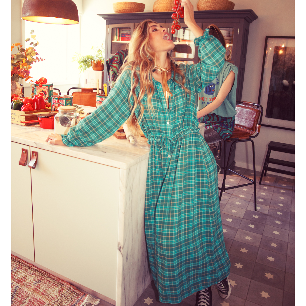 SISTERS DEPARTMENT Dámské  šaty - Green checkered Velikost: M
