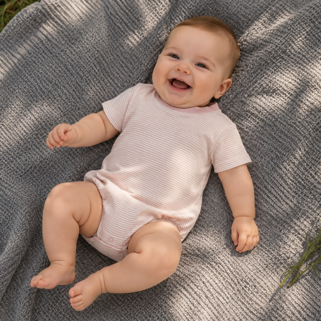 GRAY LABEL Overal s krátkým rukávem pro miminka GOTS - Faded Pink - Cream Velikost: 9-12m