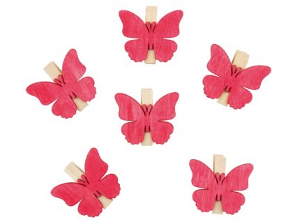 Dřevění červení motýli s kolíčkem 4 cm, 6 ks