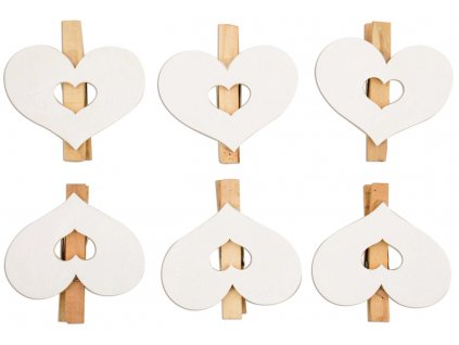 Srdce dřevěné bílé na kolíčku 6 cm, 6 ks