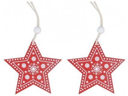Dřevěné hvězdy na zavěšení červené 8 cm, 2 ks v sáčku