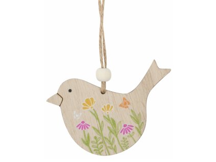 Pták s motivem louky dřevěný 8,5 x 6cm na zavěšení