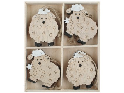 Ovce dřevěná 4,5 x 6 x 0,5 cm na zavěšení, 8 ks