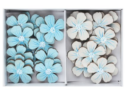 Kytky dřevěné světle modré a bílé 2,5 x 2,5 cm s lepíkem, 24 ks