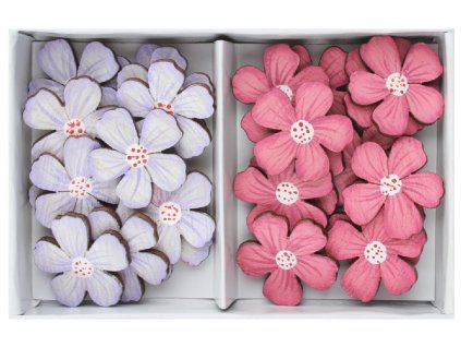Kytky dřevěné růžové a fialové 2,5 x 2,5 cm s lepíkem, 24 ks