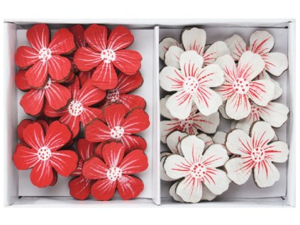 Kytky dřevěné červené a bílé 2,5 x 2,5 cm s lepíkem, 24 ks