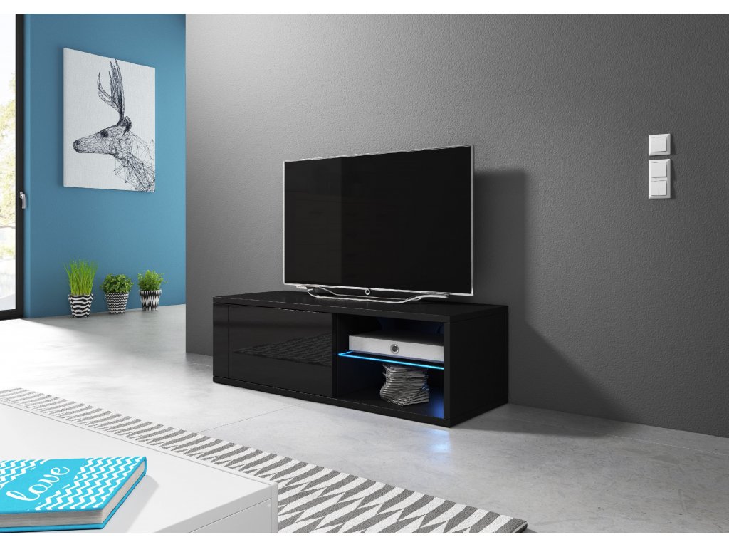 Televizní stolek BEST 100 cm černý/černý lesk s LED osvětlením