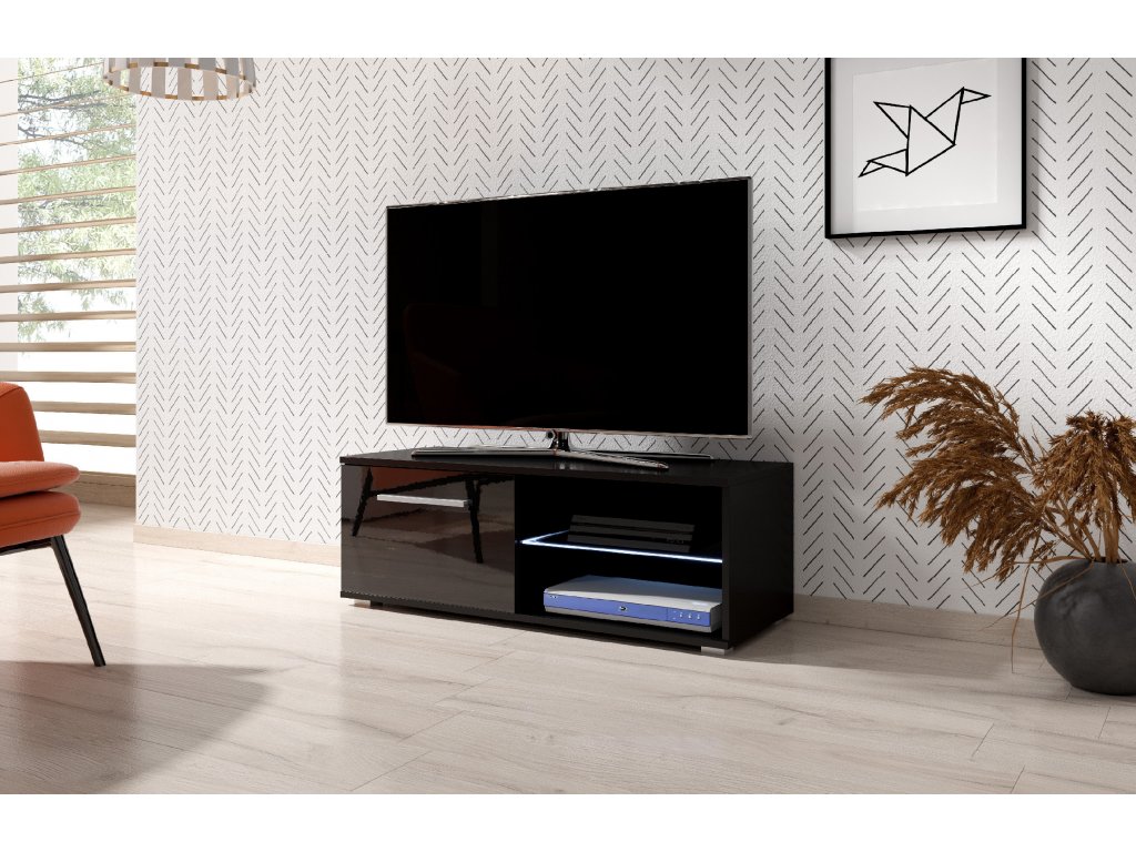 Televizní stolek MOON 100 cm černý/černý lesk s osvětlením LED