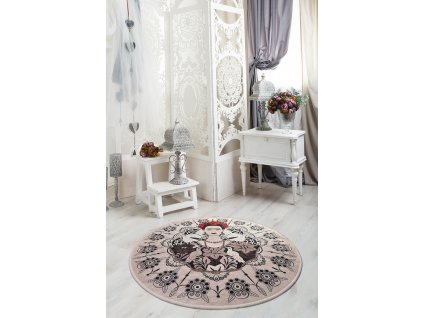 Koberec (100 cm) FRIDA ROUND béžový  - Frida Khalo s ornamenty