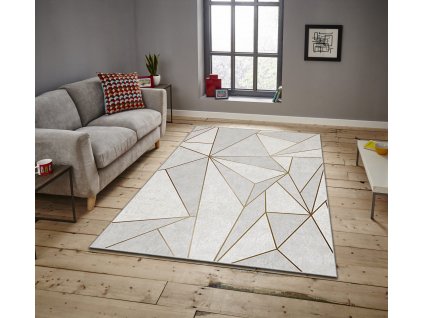 Koberec(100 x 180 cm) ASR CRPT-106  bílý a zlatý geometrický vzor