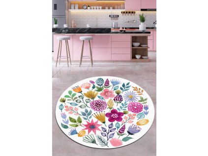 Kulatý koberec (120 cm) DRENAJ CAP bílý s malovanými květinami