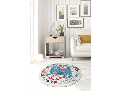 Kulatý koberec (140 cm) BLUE CATS bílý s barevnou kočičkou
