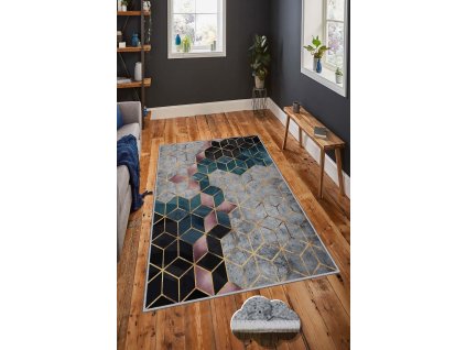 Koberec (180 x 280) HMNT774 šedý a modrý geometrický vzor