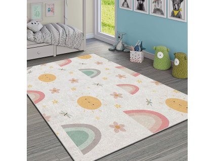Dětský koberec (180 x 280) HMI KDC-44 bílý se sluníčky a květinami