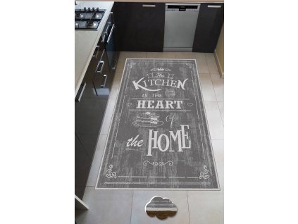 Koberec WOOKECE255 šedý s nápisem – The Kitchen is the Heart of the Home