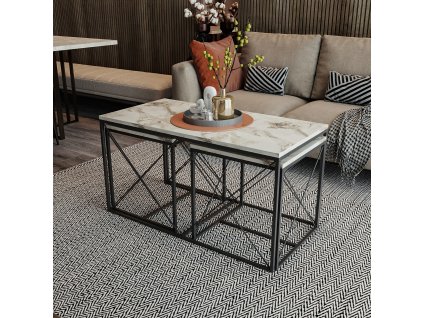 Set konferenčních stolků DEFNE bílý mramor a černá