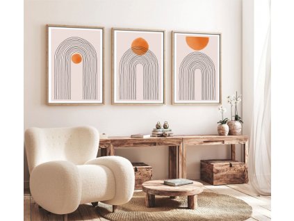 Dekorativní obraz MDF 3 ks HUHU133 Moderní minimalismus, geometrické tvary, Boho – oranžová na béžové