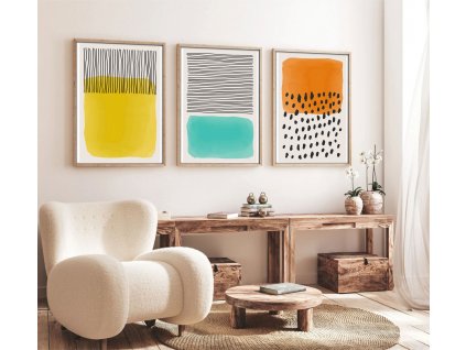Dekorativní obraz MDF 3 ks HUHU136 Moderní minimalismus, geometrické tvary, Boho – oranžová, žlutá, a tyrkysová na béžovém pozadí