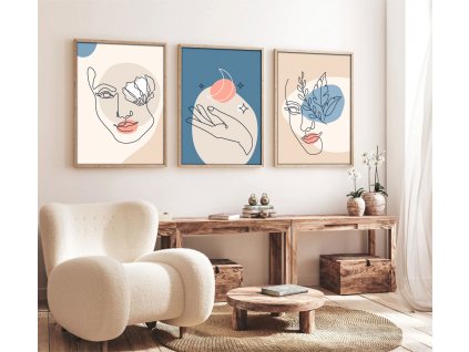 Dekorativní obraz MDF 3 ks HUHU139 Moderní minimalismus, Boho – obrys obličeje a květů, modrá, oranžová a béžová