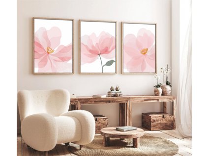 Dekorativní obraz MDF 3 ks HUHU192 Moderní minimalismus, Boho – růžové květy na bílém pozadí