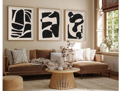 Dekorativní obraz MDF 3 ks HUHU201 Moderní abstraktní minimalismus – černé tvary na bílém pozadí