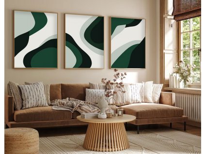 Dekorativní obraz MDF 3 ks HUHU204 Moderní abstraktní minimalismus – černé a zelené tvary na bílém pozadí